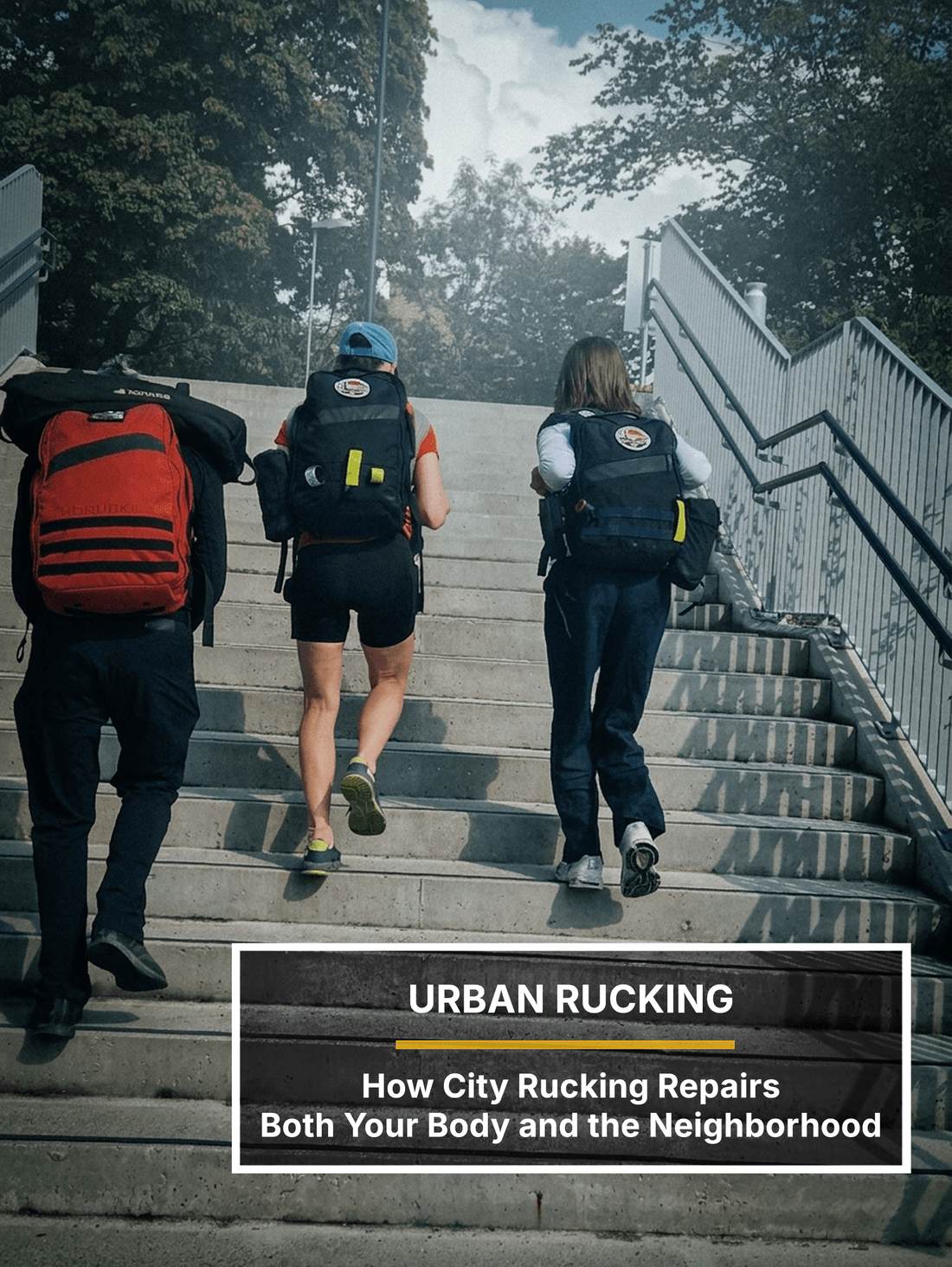Three people wearing rucks climb a broad outdoor staircase in the city