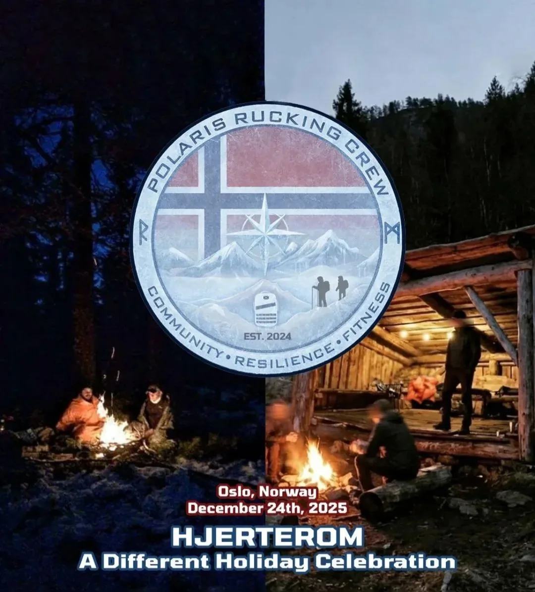 Hjerterom event poster with campfire and cabin scenes