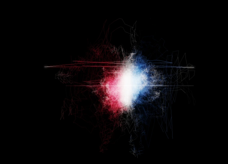 Abstract red, white and blue lines generated by an audio visualisation